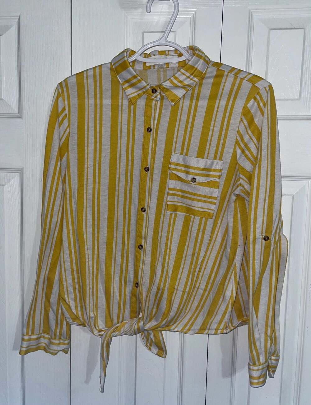 Eden & Olive Yellow and White Striped Button Down Tie Front Blouse Shirt